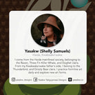 Profile card of Indigenous artist Yasakw (Shelly Samuels) with a photo and bio 