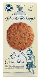 Packaging of Island Bakery Oat Crumbles with a cookie illustration on a beige background