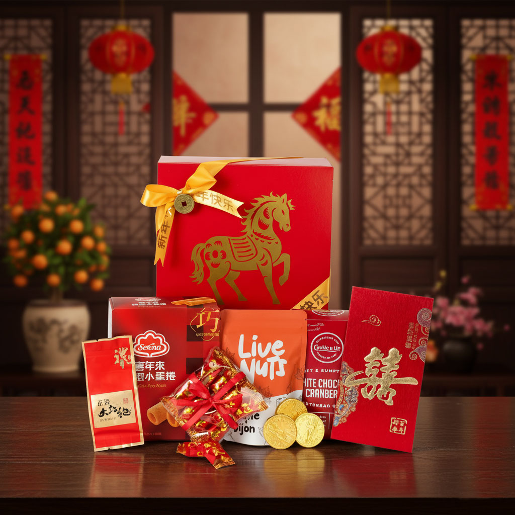 Assorted snacks and red envelopes on a table with a festive background