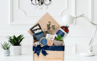 wooden gift box with blue ribbon