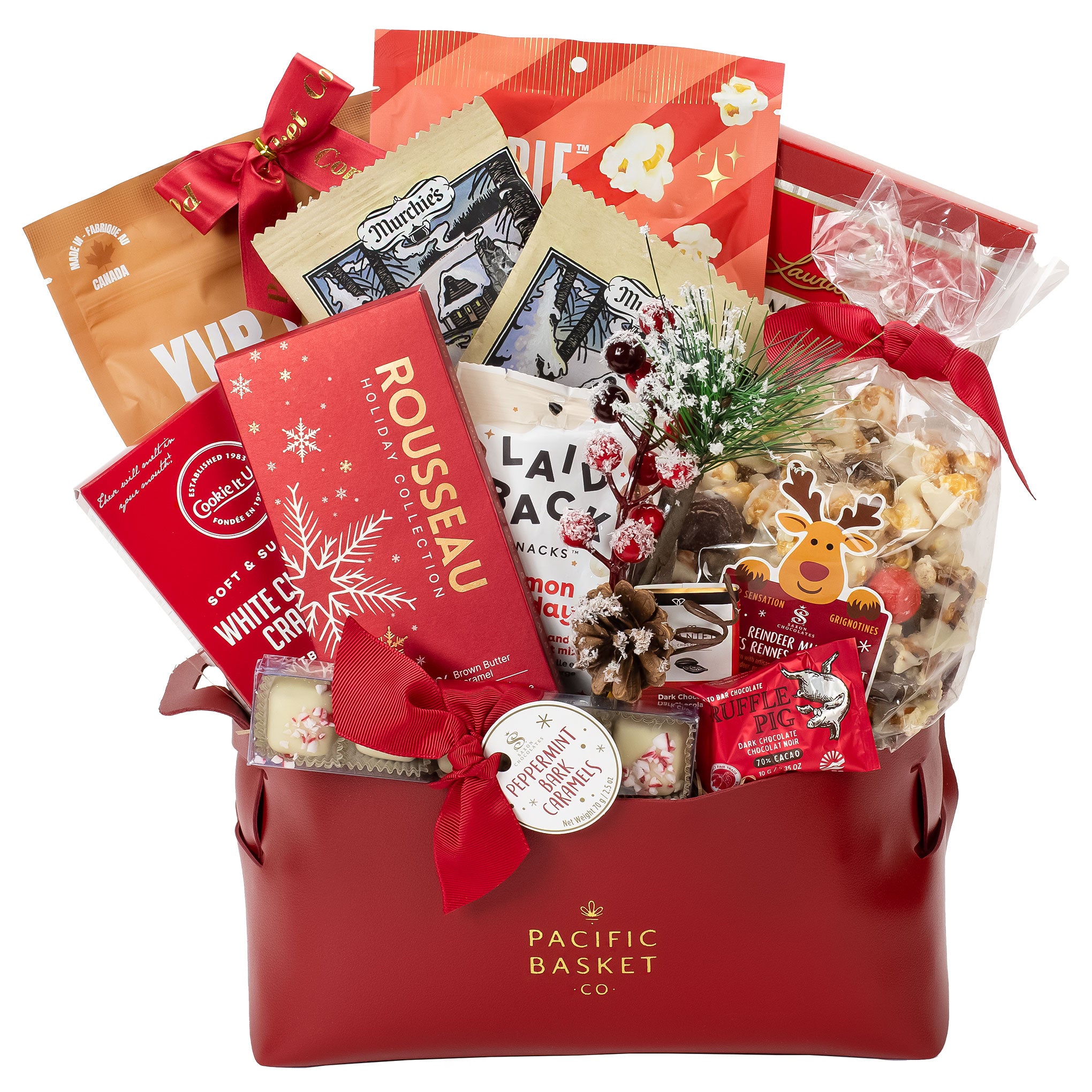 Red gift basket with various items including cards and snacks, branded 'Pacific Basket'.