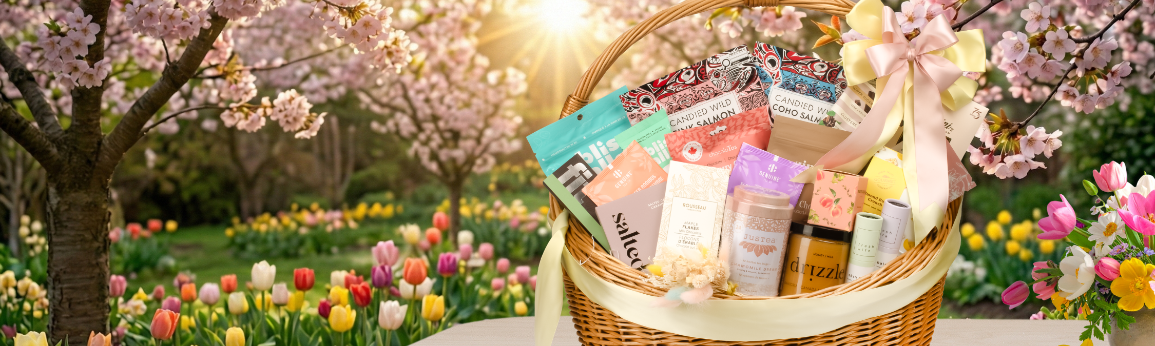 Gift basket with products in a garden setting with cherry blossoms and flowers.