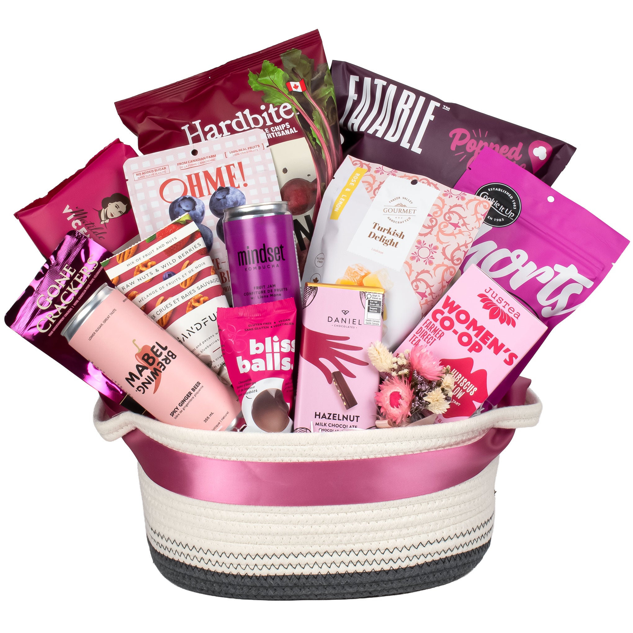 he Summer Soirée gourmet gift basket in vibrant fuchsia and pink, featuring kombucha, hibiscus tea, and summer snacks. A premium Mother’s Day gift basket available for Vancouver delivery.