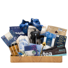 Premium Tea Connoisseur corporate holiday gift presented in a reusable bamboo tray featuring a stunning blue color theme, an Espro French press, and BC gourmet treats