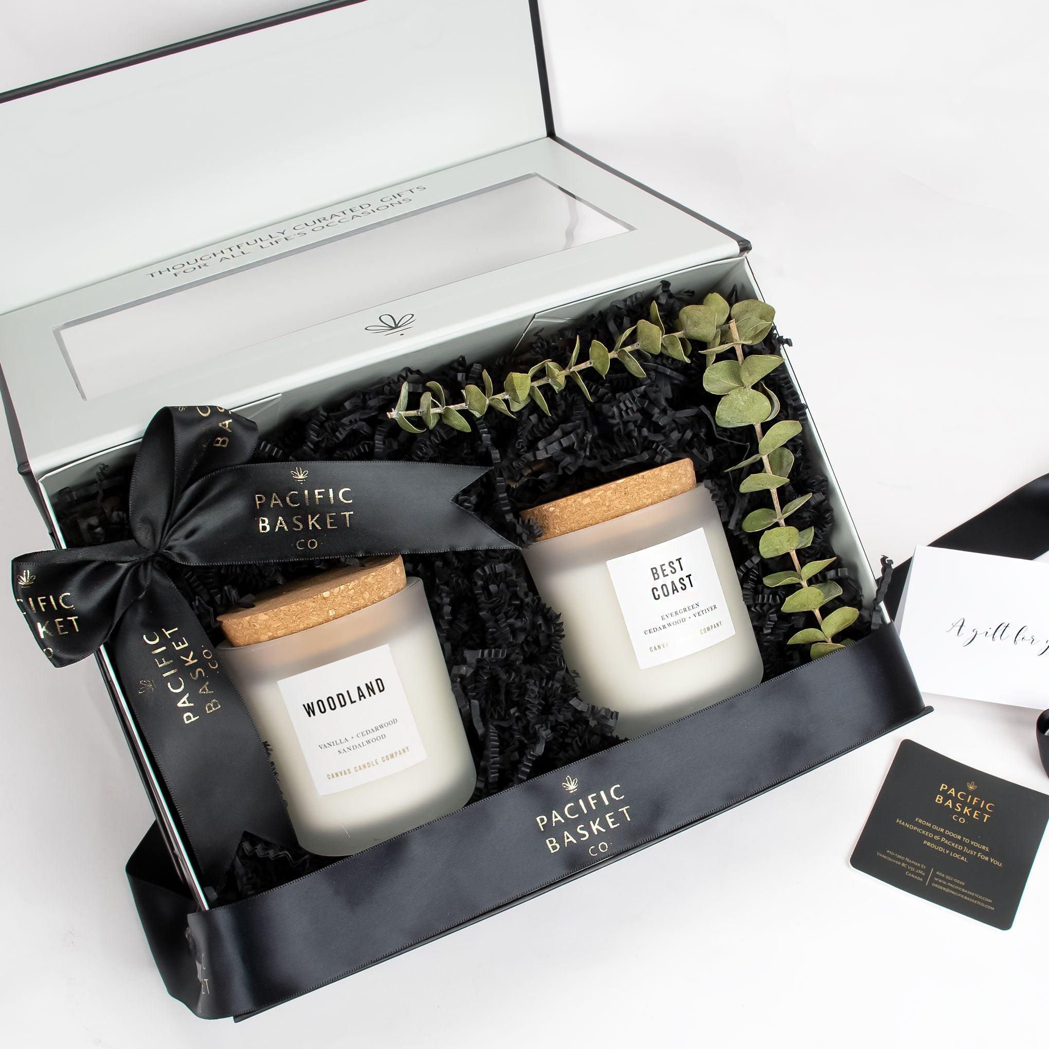 Woodland and Best Coast handcrafted soy candles made in British Columbia. Gift set by Pacific Basket Co. 