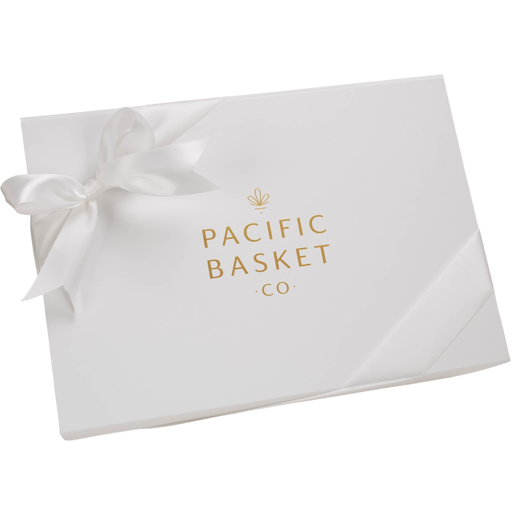 White gift box with a ribbon and 'Pacific Basket Co.' logo on a white background