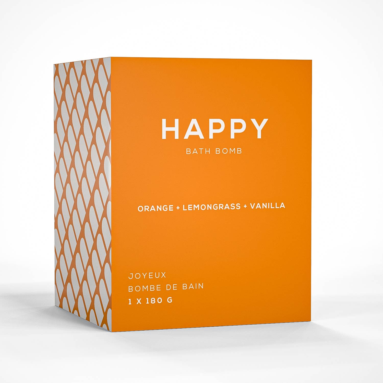 Orange bath bomb packaging with white text on a white background