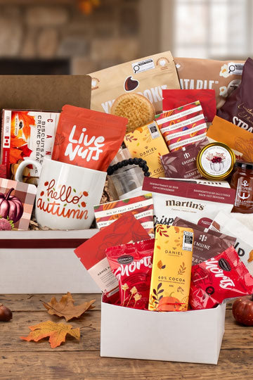 Curated Vancouver fall and Thanksgiving corporate gift basket featuring local BC gourmet treats, Hello Autumn mug, wine, and snacks