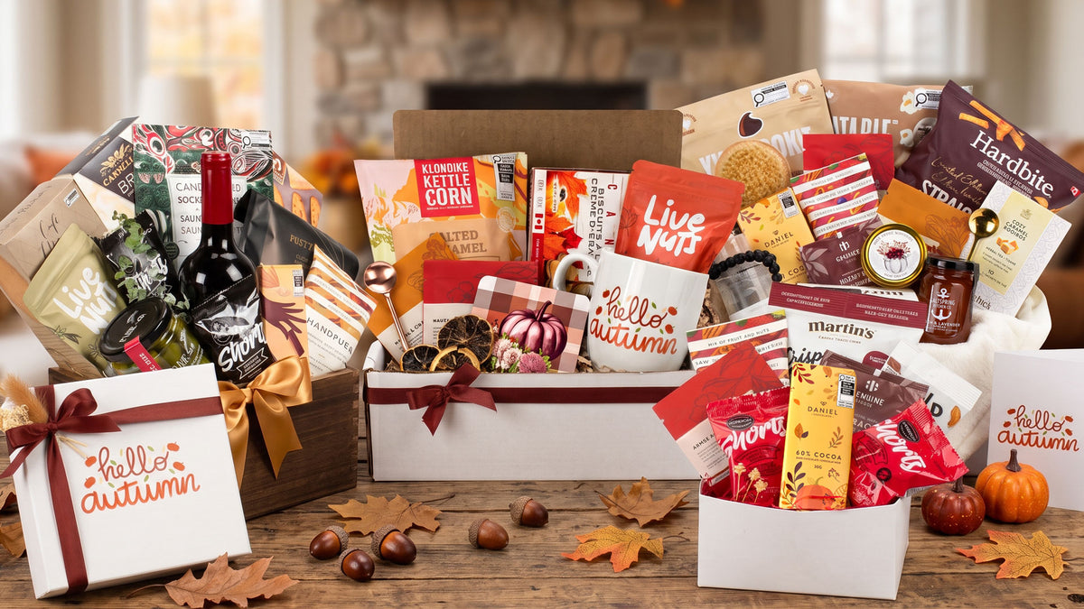 Curated Vancouver fall and Thanksgiving corporate gift basket featuring local BC gourmet treats, Hello Autumn mug, wine, and snacks. 