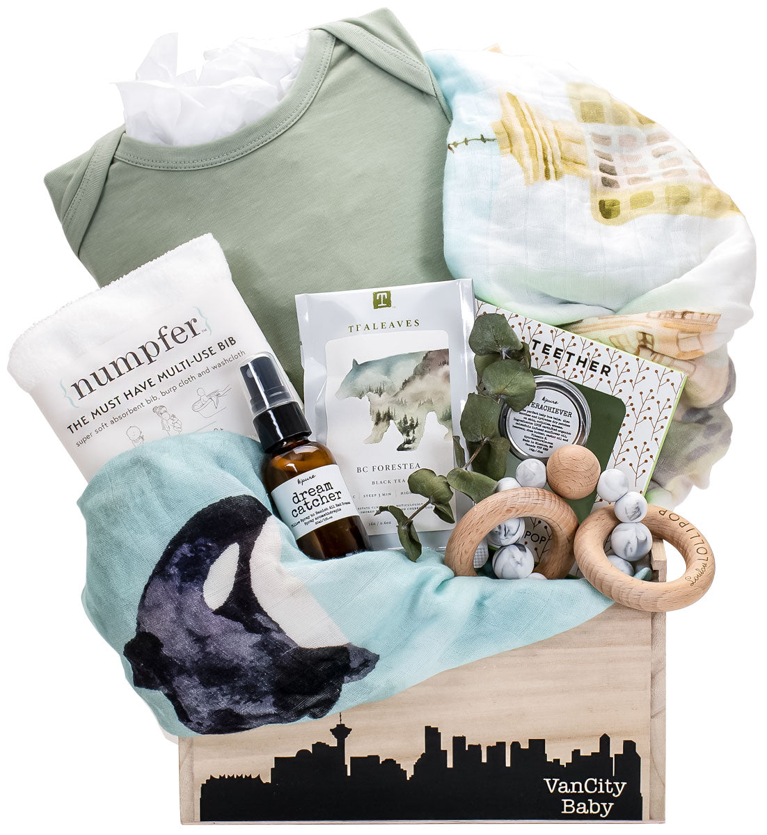 Vancity Baby gift set with Loulou Lollipop silicone teether and organic cotton Vancouver-themed swaddle blanket