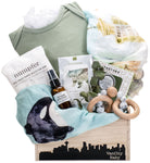 Vancity Baby gift set with Loulou Lollipop silicone teether and organic cotton Vancouver-themed swaddle blanket